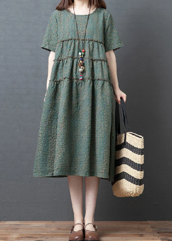 Plus Size Green Plaid O-Neck Wrinkled Patchwork Linen Party Dress Short Sleeve Tunics Top rated Plus Size Green Plaid O-Neck Wrinkled Patchwork Linen Party Dress Short Sleeve Tunics Top rated