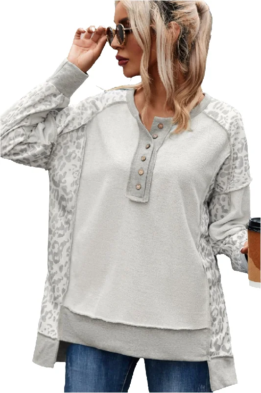 Leopard Patchwork Sweatshirt Exposed Seam Long Sleeve Button Top Oversized Shirt Hoodie with High-Low Hem Asymmetrical Trendy