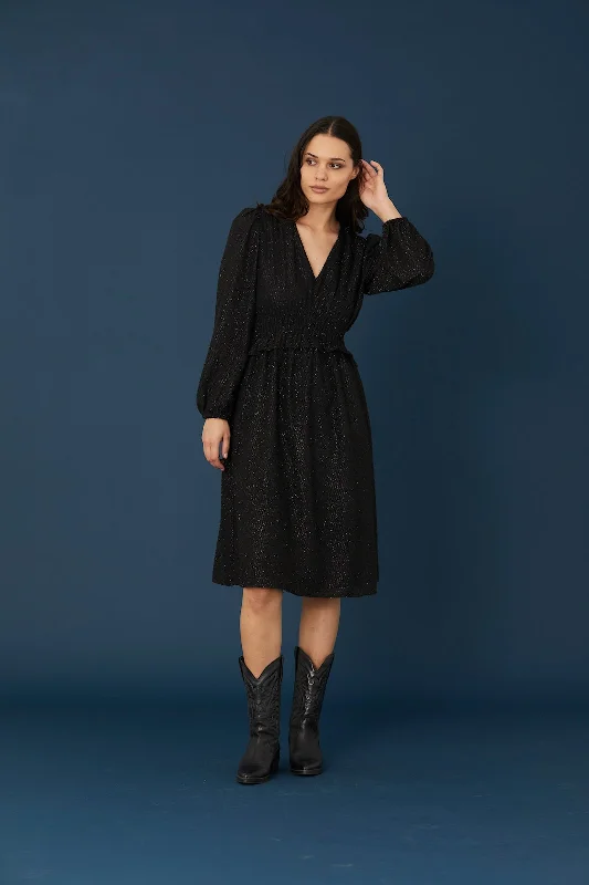 Rue De Femme Cambria Black party dress with fluffy shimmer Tunics Yoga stretchy