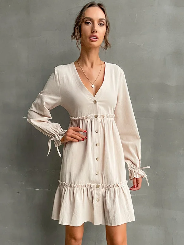 Women's splicing wooden ear dress V-neck long-sleeved dress Tunics Yoga stretchy