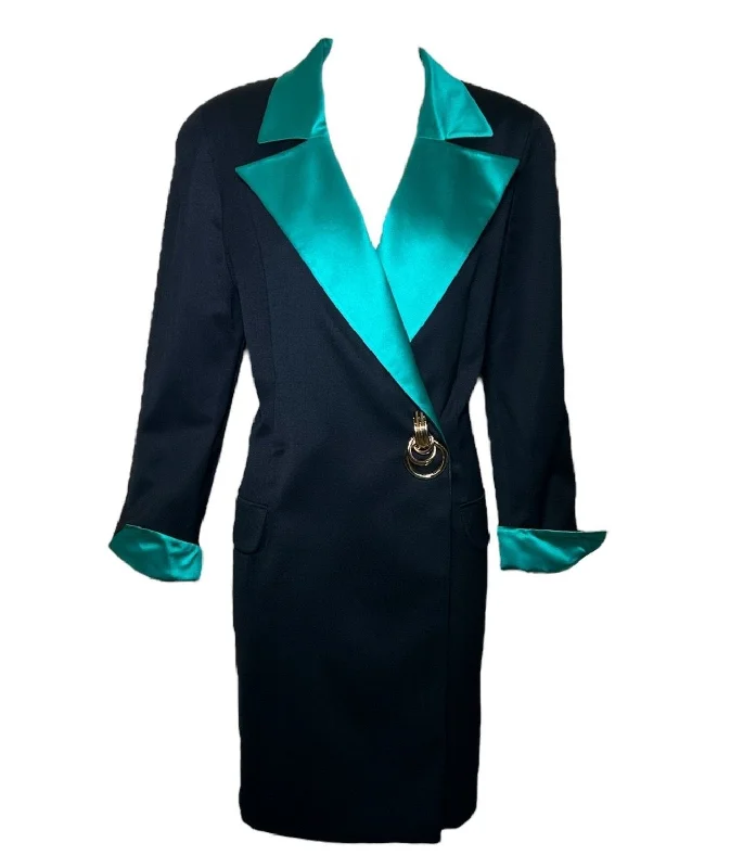 1980s Genny Wool w/Silk Green Lapel Dress with Gold Hardware Boat Neckline Classic