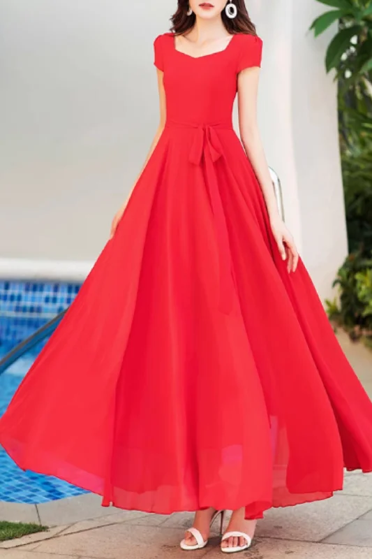 Tie belt maxi prom summer wedding chiffon dress 5161 Tunics Trendy modern