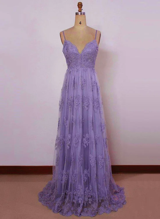 Beautiful Light Purple Straps with Lace Elegant Party Dress, Tulle Evening Gowns Boat Neckline Classic Beautiful Light Purple Straps with Lace Elegant Party Dress, Tulle Evening Gowns Boat Neckline Classic