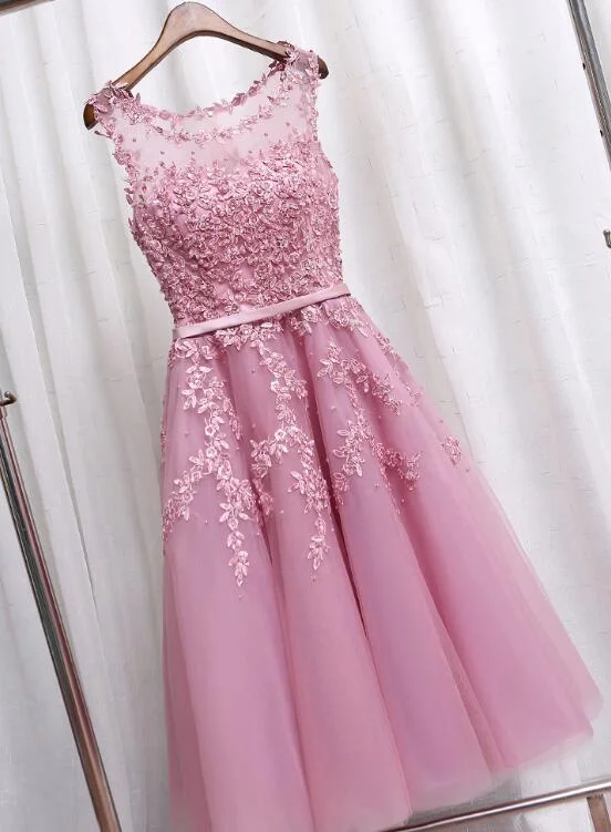 Pink Tea Length Formal Dress, Lace Applique Party Dresses Tunics Velvet soft