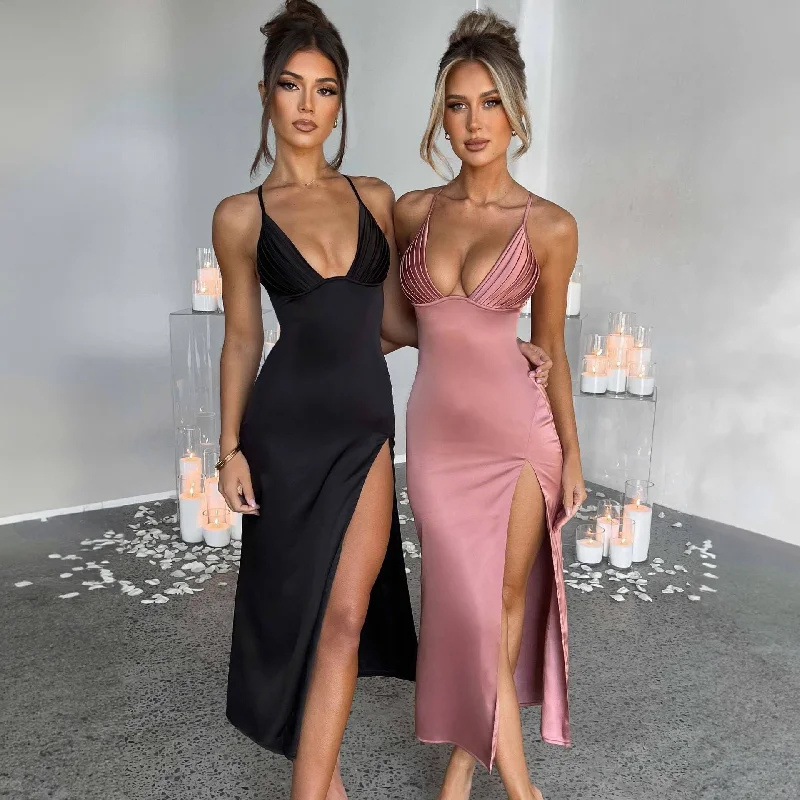 Spaghetti Strap Dress With Split Design Deep V-neck Sleeveless Backless Bodycon Party Dresses For Womens Clothing Shift Classic Vintage Spaghetti Strap Dress With Split Design Deep V-neck Sleeveless Backless Bodycon Party Dresses For Womens Clothing Shift Classic Vintage