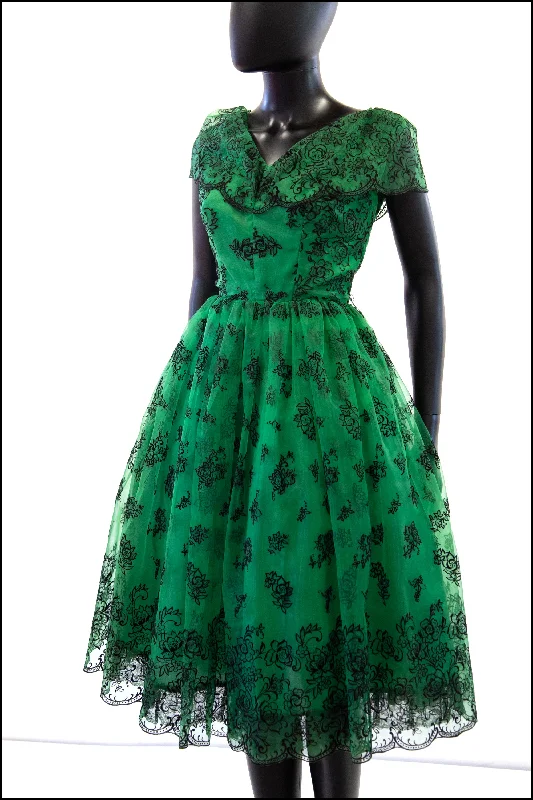 Vintage 1950s Green Flocked Cocktail Dress Tunics Fall fleece