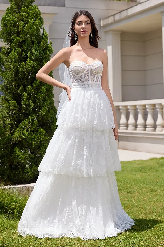 Elegant White Strapless Corset Tiered Long Bridal Party Dress with Lace Tunics Modern contemporary