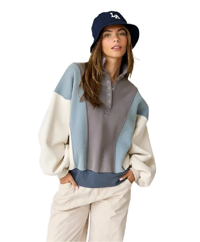 Emma Oversized Washed Colorblock Sweatshirt Hoodie with Snap Buttons Easy Quick