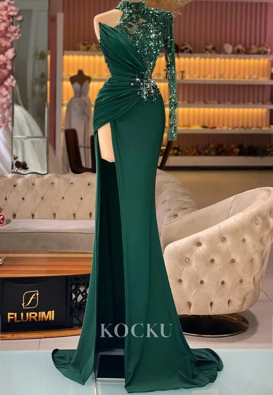 Halter Neck One Shoulder Sheath High Slit Train Pleated Satin Prom Dress with Beads Party Dress Tunics Luxurious premium Halter Neck One Shoulder Sheath High Slit Train Pleated Satin Prom Dress with Beads Party Dress Tunics Luxurious premium