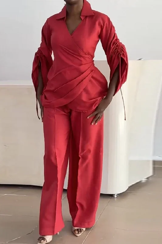 Solid Color V Neck Urban Lace-Up Pant Suit Comfortable Jogger Trousers