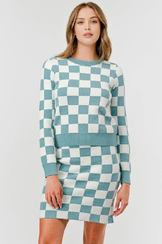 Round Neck Color Contrast Checkered Sweater & Skirt Set DBLST4020 Toggled Drawstring Belted Round Neck Color Contrast Checkered Sweater & Skirt Set DBLST4020 Toggled Drawstring Belted