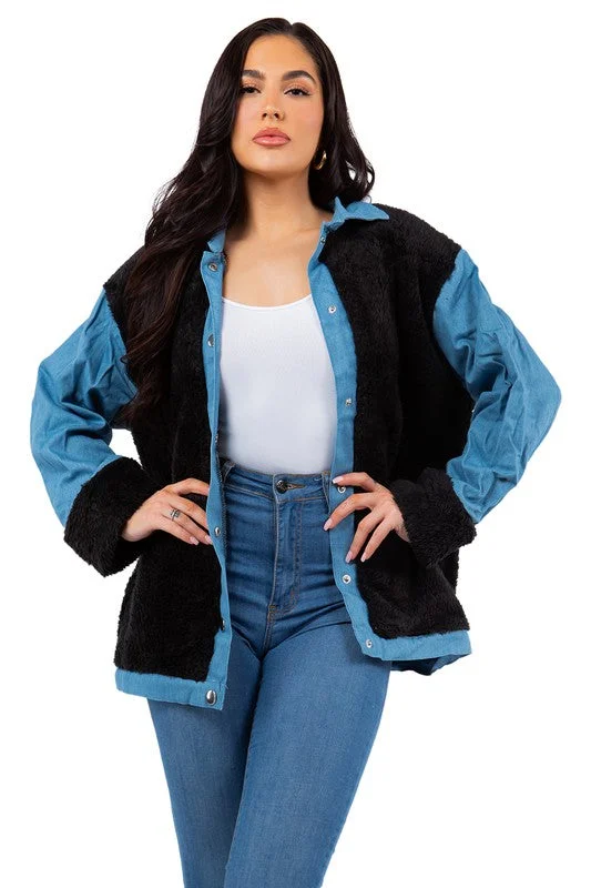 SEXY TEDDY FLEECE  WITH DENIM JACKET Tiered Jacket Buttoned Jacket Zippered Jacket