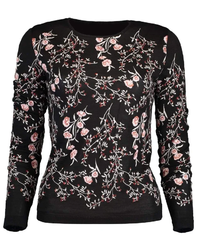 Black Long Sleeve Embroidered Cashmere Sweater Denim Fabric Leather Fabric Suede Fabric