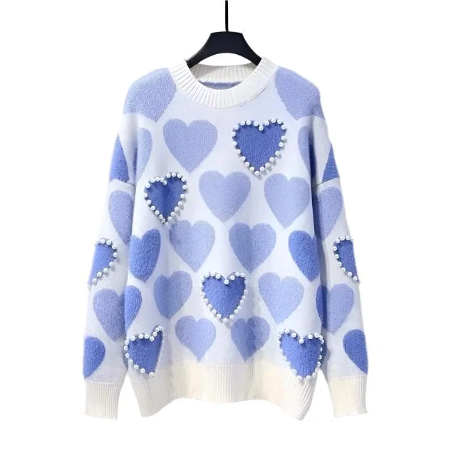 YTW Women's Fine Fashion Autumn Winter Stylish Blue Beaded Heart Shape Sweater Fleece Sweater Nylon Polyester