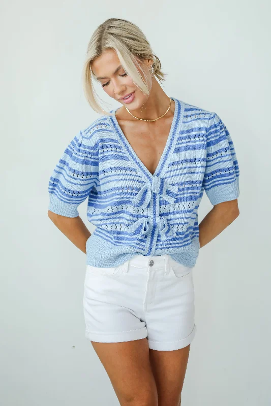 Lavish Coziness Light Blue Striped Bow Sweater Top Layered Multi-layer Single Layer