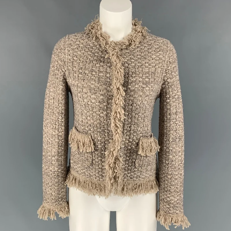 BRUNO MANETTI Size 6 Beige & Gold Wool Blend Textured Jacket Front Pockets Side Pockets Patch Pockets BRUNO MANETTI Size 6 Beige & Gold Wool Blend Textured Jacket Front Pockets Side Pockets Patch Pockets