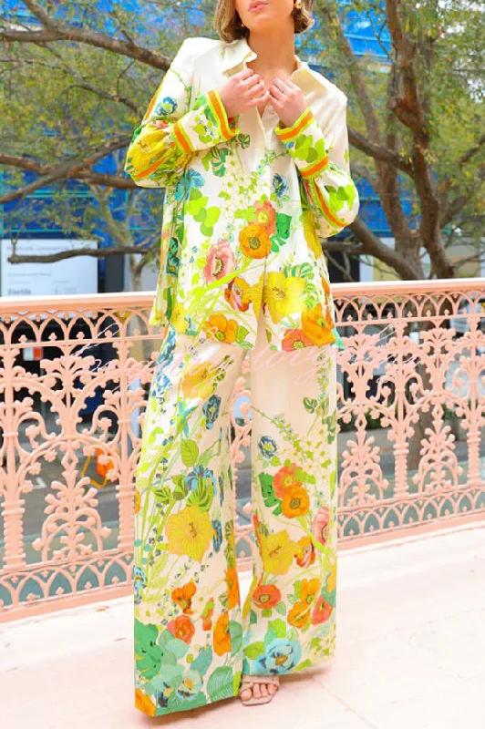 Marielle Satin Floral Print Back Elastic Waist Pocketed Wide Leg Pants Fashionable Button-Up Pants