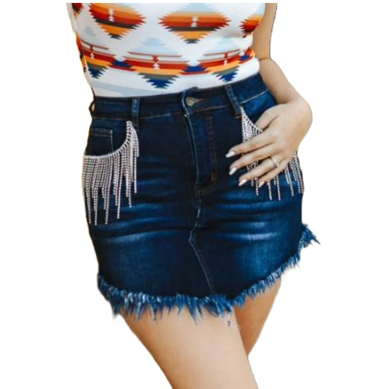 Lucky & Blessed Ladies Rhinestone Mid Wash Mini Skirt DSK028-MW lightweight skirt design