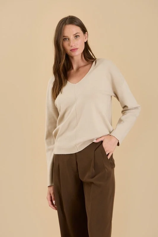 Solid V-Neck Front Seam Knit Sweater Lightweight Heavyweight Midweight