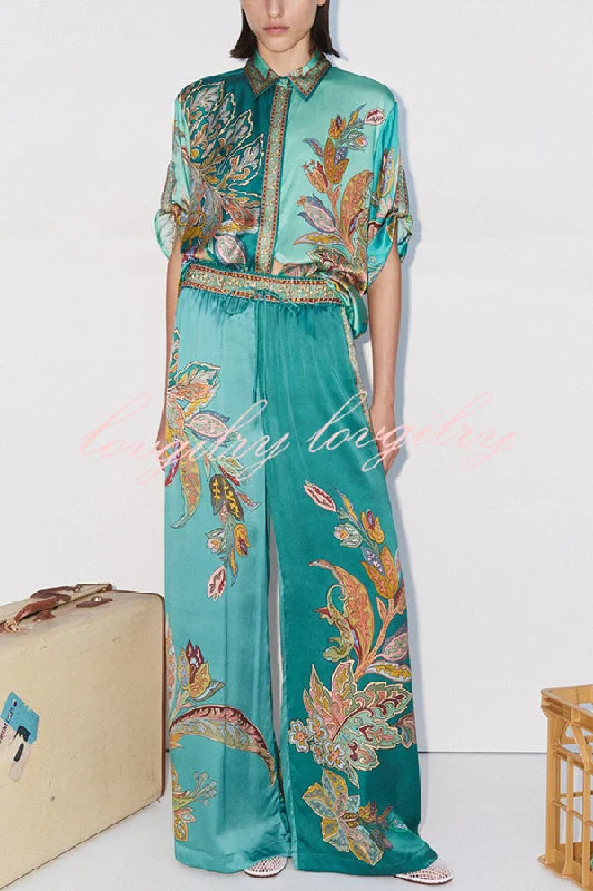 Somewhere Sunny Satin Botanical Print Elastic Waist Pocket Wide Leg Pants Soft Cotton Pants Somewhere Sunny Satin Botanical Print Elastic Waist Pocket Wide Leg Pants Soft Cotton Pants