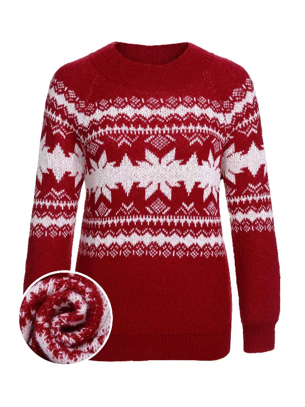 Red 1950s Fair Isle Christmas Sweater Mesh Sweater Canvas Denim