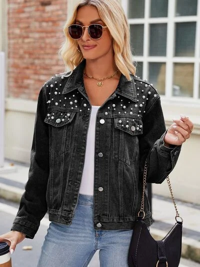 Pearl Detail Collared Neck Long Sleeve Denim Jacket Mesh Jacket Canvas Jacket Denim Jacket Pearl Detail Collared Neck Long Sleeve Denim Jacket Mesh Jacket Canvas Jacket Denim Jacket