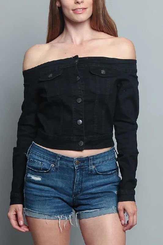 Off the Shoulder Denim Jacket V-Neck Jacket Boat Neck Jacket Square Neck Jacket