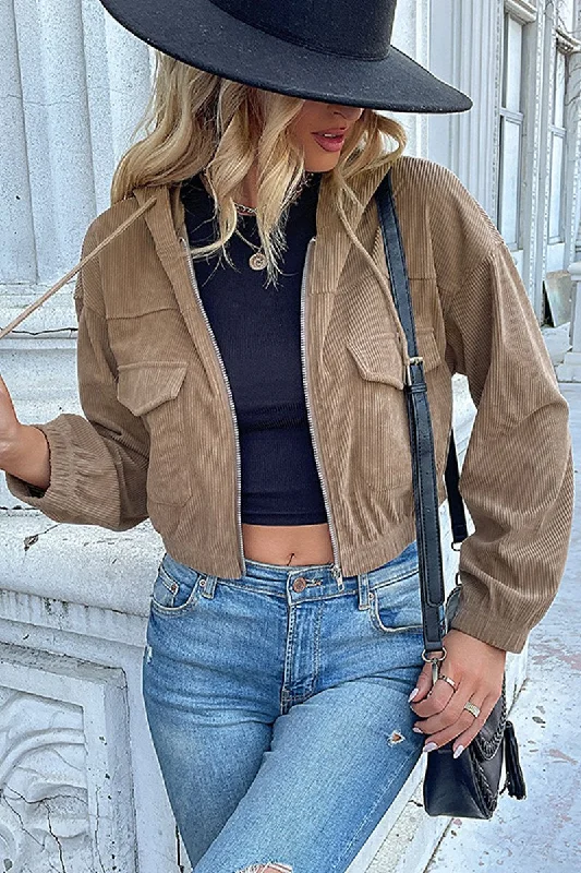 WOMEN CORDUROY HOODED LONG SLEEVE CROP JACKET Denim Jacket Leather Jacket Suede Jacket WOMEN CORDUROY HOODED LONG SLEEVE CROP JACKET Denim Jacket Leather Jacket Suede Jacket