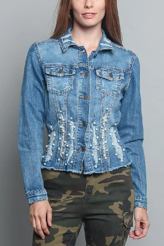 Pearl Distressed Denim Jacket Knit Jacket Woven Jacket Fleece Jacket
