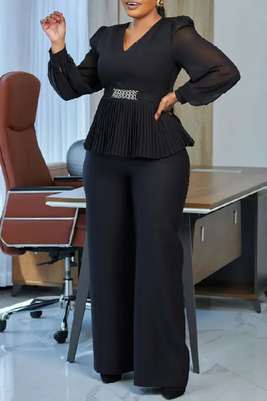 Solid Color Feminine Pleated Peplum Wide Leg Pant Suit Relaxed Lounge Trousers