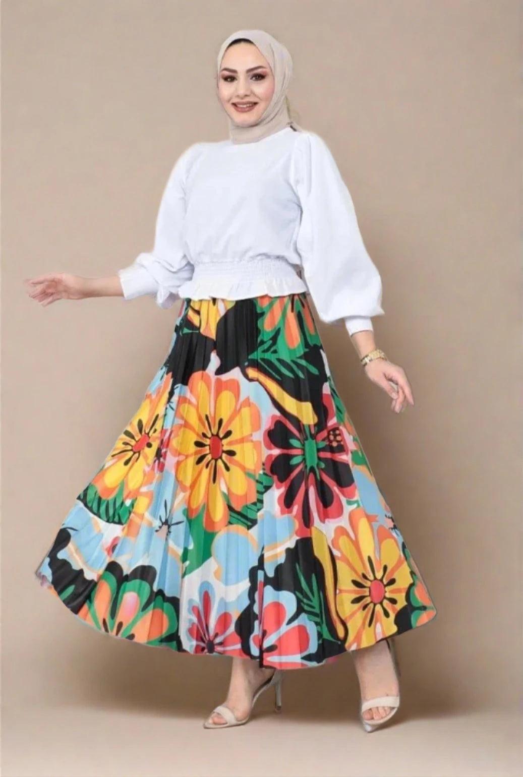 Pleated Long Maxi Skirt with Floral Pattern casual skirt length