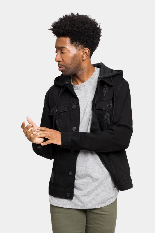 Layered Hooded Denim Jacket Welt Pockets Slit Pockets Flap Pockets