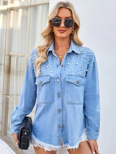 Pearl Detail Pocketed Button Up Denim Jacket Corduroy Jacket Velvet Jacket Brocade Jacket Pearl Detail Pocketed Button Up Denim Jacket Corduroy Jacket Velvet Jacket Brocade Jacket