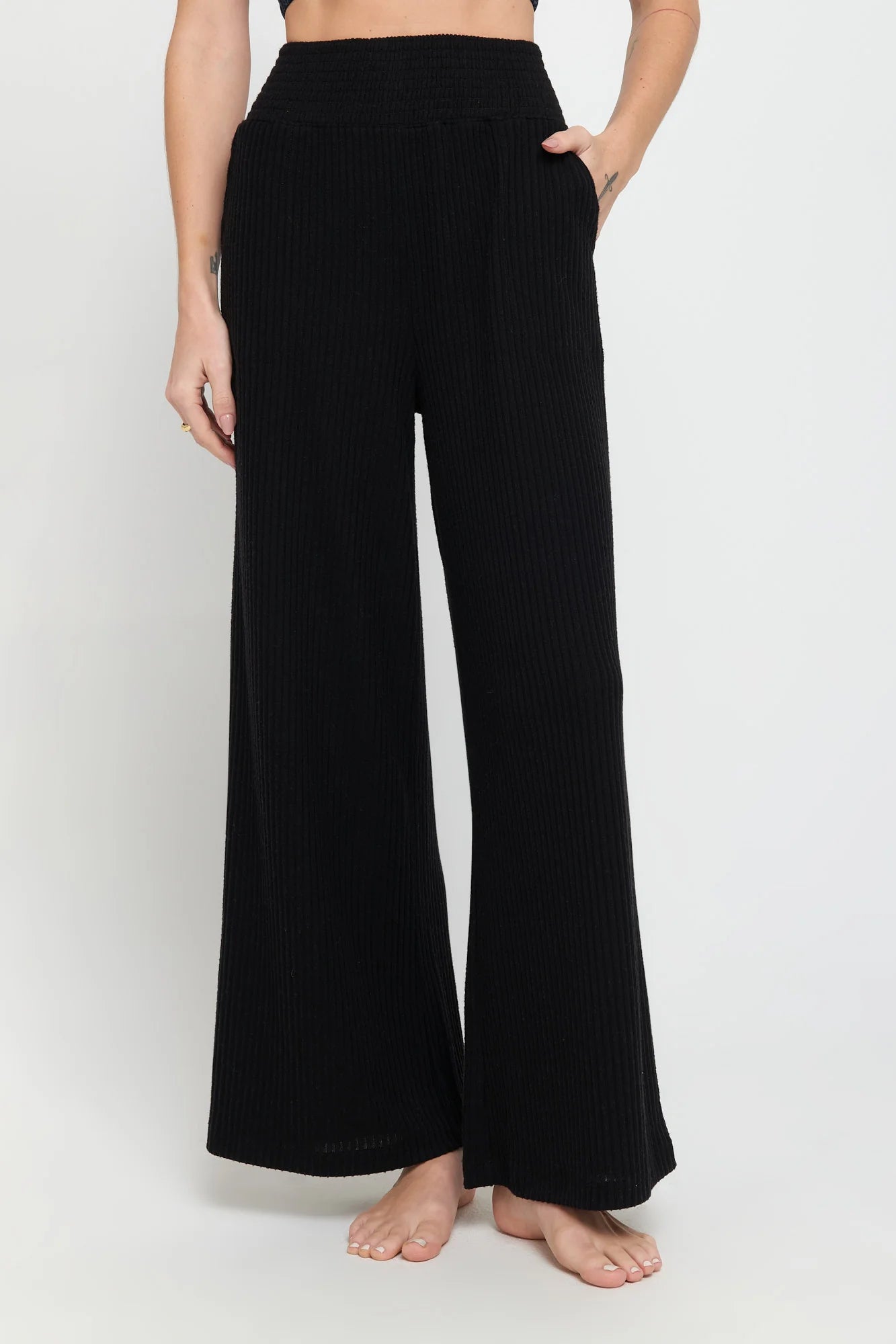 Spiritual Gangster Black Harmony Rib Wide Leg Pant Formal Linen Trousers