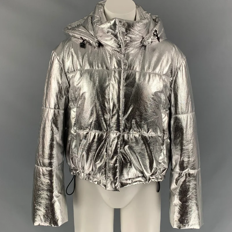 MSGM Size 2 Silver Polyester Quilted Detachable Hood Jacket Fleece Jacket Down Jacket Feather Jacket MSGM Size 2 Silver Polyester Quilted Detachable Hood Jacket Fleece Jacket Down Jacket Feather Jacket