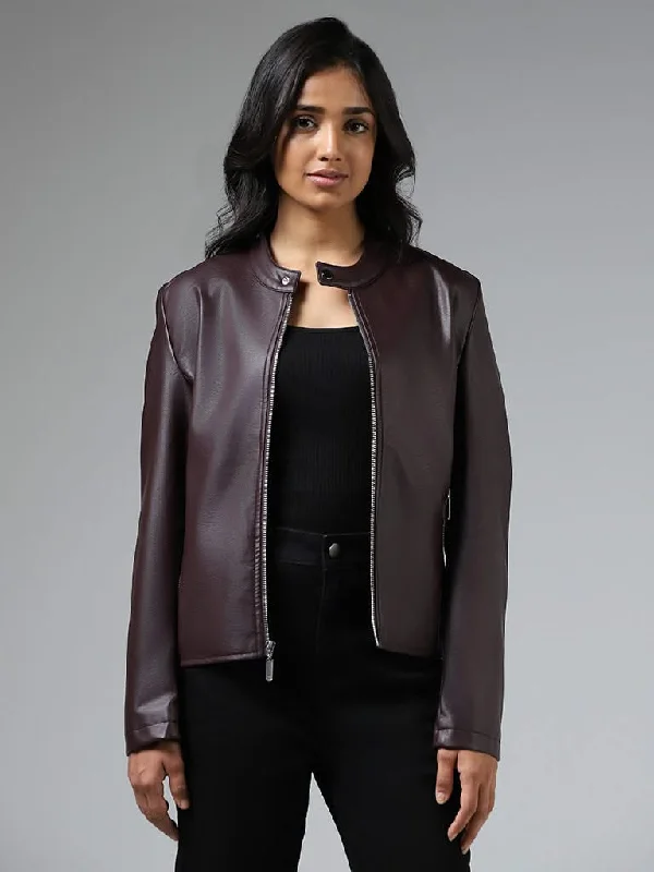 LOV Solid Wine Biker Jacket Lace Jacket Ribbed Jacket Sequined Jacket