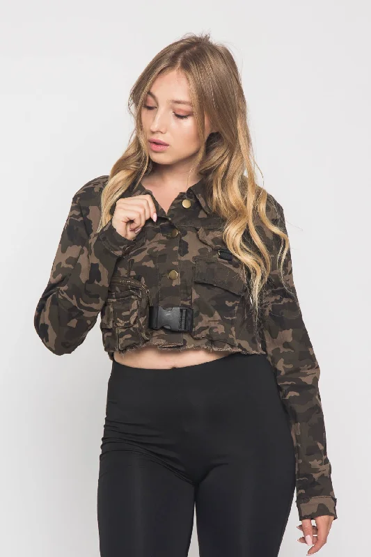 Cropped Military Style Pocket Shirt Jacket Boat Neck Shawl Collar Notched Collar
