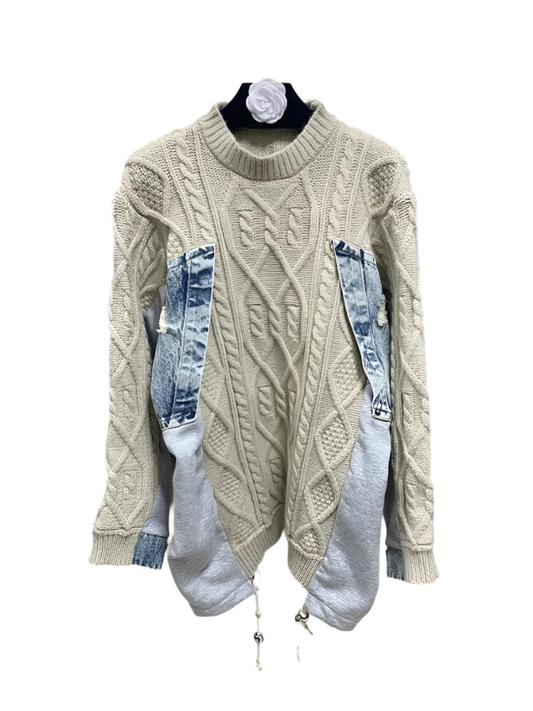 Patchwork Denim Knit Sweater Wool Fabric Cashmere Fabric Tweed Fabric