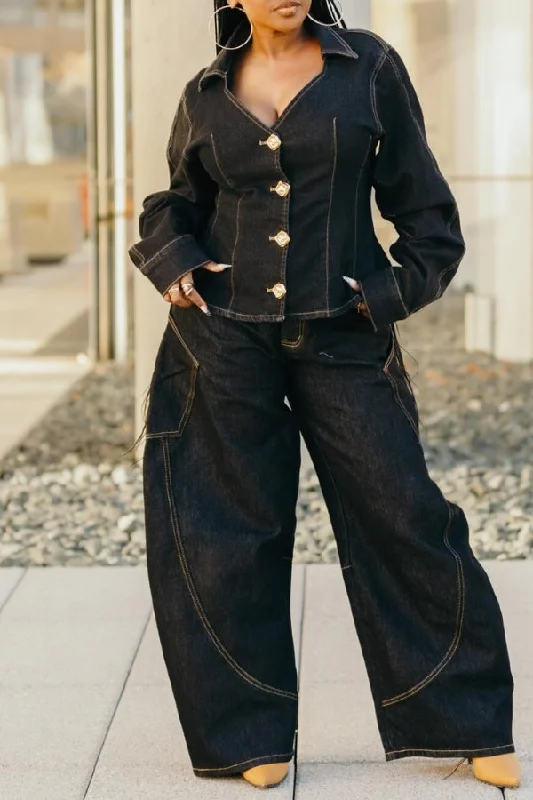 Solid Color Denim V Neck Feminine Pant Suit Trendy Tapered Pants