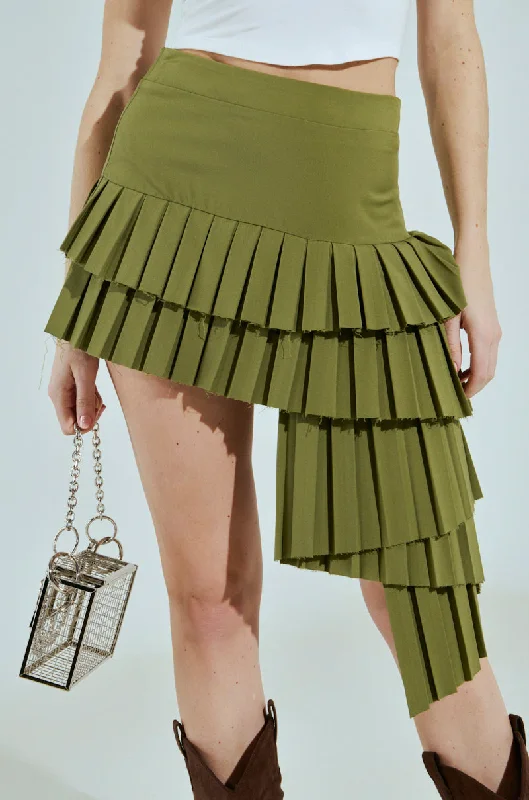 HUNTER PLEATED MINI SKIRT IN OLIVE velvet skirt glossy