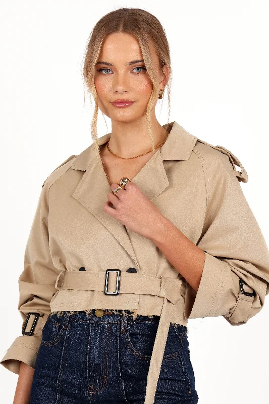 Izzi Crop Trench Jacket - Tan Snapped Jacket Toggled Jacket Drawstring Jacket