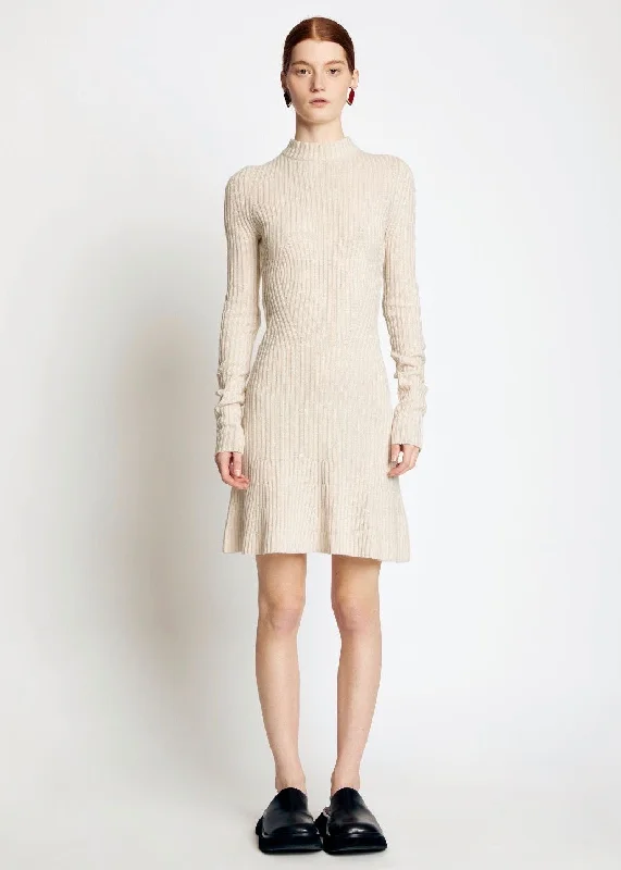 Plaited Rib Sweater Dress (Bone) Boat Neck Shawl Collar Notched Collar