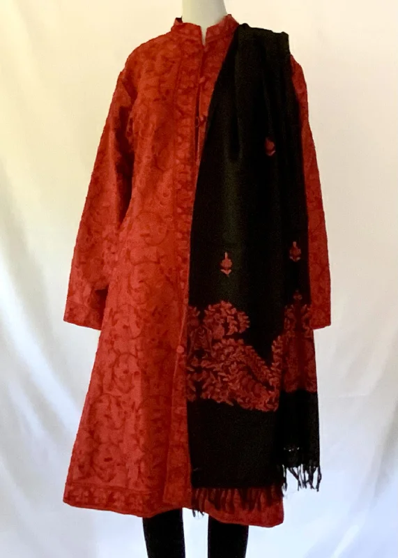 Hand Embroidered Long Jacket -  Red Front Pockets Side Pockets Patch Pockets