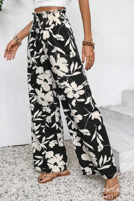 Black Floral Print Smocked High Waist Wide Leg Pants Classic Pleated Pants