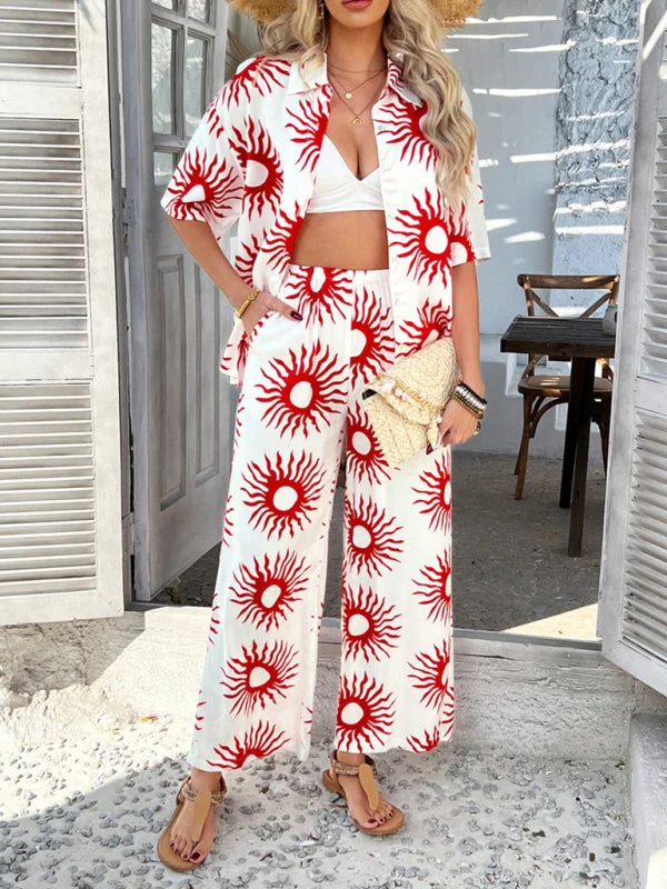 Bohemian Vacation Sun Print Jacket Wide Pants Set Chic Wool Trousers