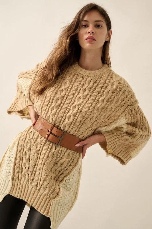 Color Block Round Cable Neck Oversized Sweater Stretchy Elastic Breathable
