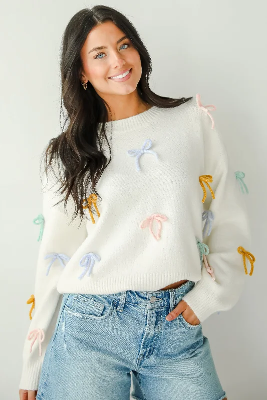 FINAL SALE - Adorable Concept Off White Bow Sweater Print Jacquard Patchwork