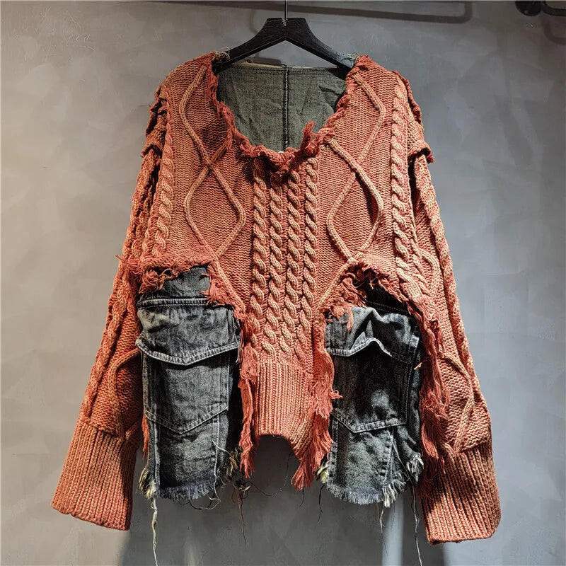 Denim Pockets Patchwork V-Neck Sweater Faux Fur Fabric Real Fur Fabric Shearling Fabric