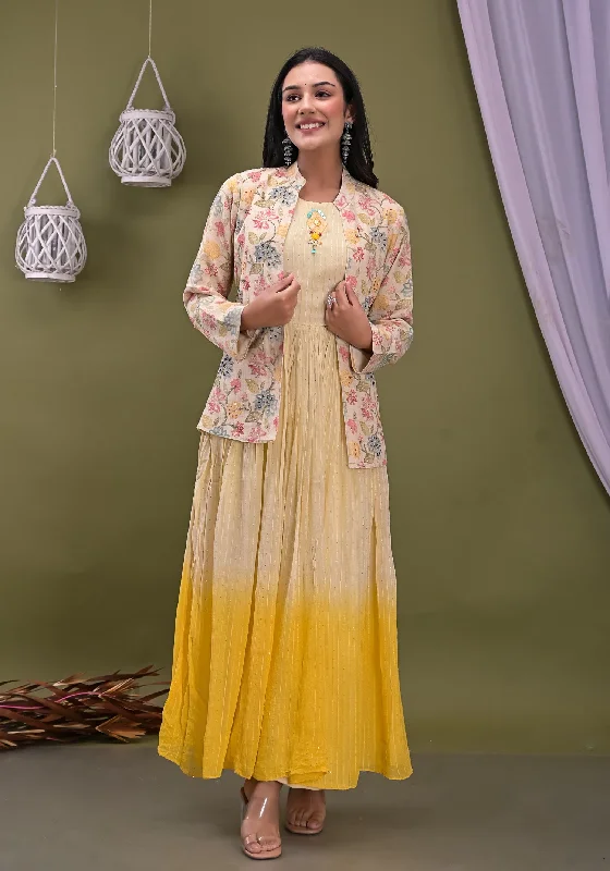 Shaded Yellow Dress With French Cotton Jacket Snapped Jacket Toggled Jacket Drawstring Jacket Shaded Yellow Dress With French Cotton Jacket Snapped Jacket Toggled Jacket Drawstring Jacket