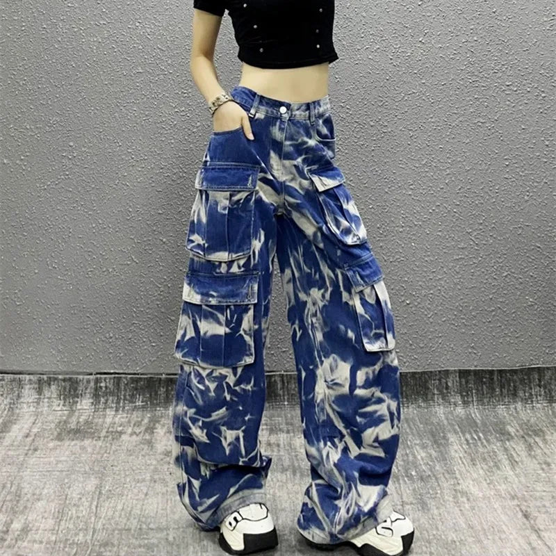 Tie Dye Wide Leg Cargo Pants Comfortable Jogging Pants